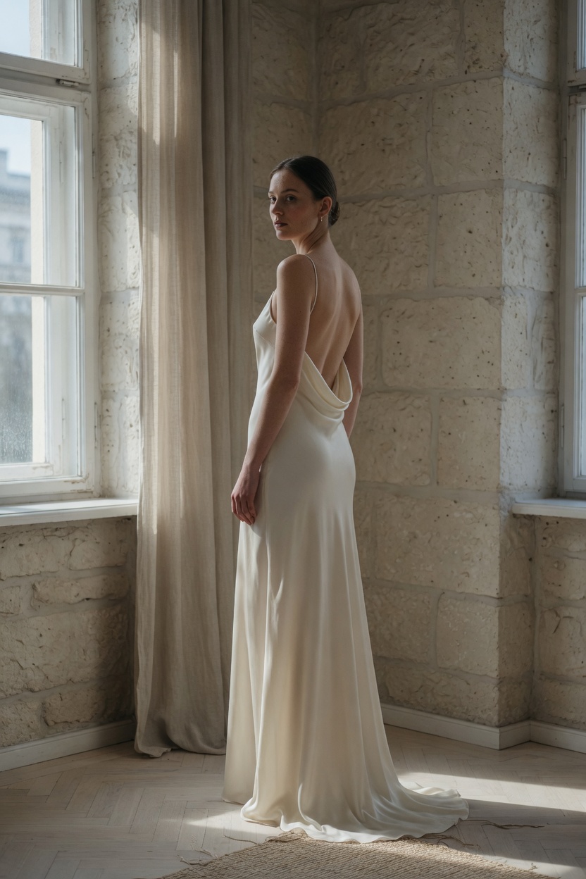 Suknia Celeste Pearl — modelka w tkaninie: jedwab charmeuse, światło studyjne