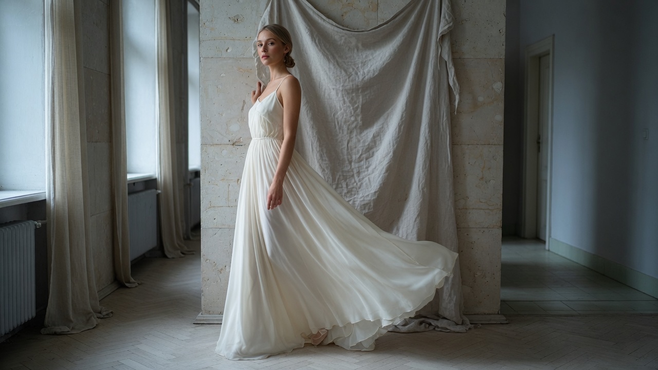 Suknia Serafina Ivory — modelka w jedwabnym szyfonie, światło dzienne w warszawskim wnętrzu